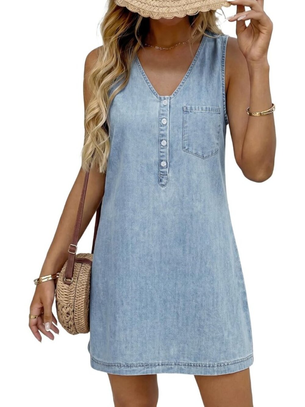 Chic Women's V Neck Sleeveless Denim Dress - Casual Summer Fashion Essential